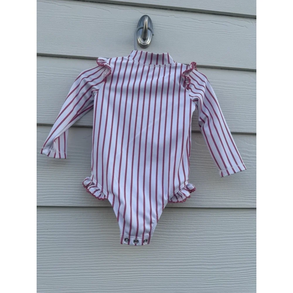 Eddie Bauer Toddler Girls Pink & White Stripped Ruffle Swimsuit Size‎ 12 Months
